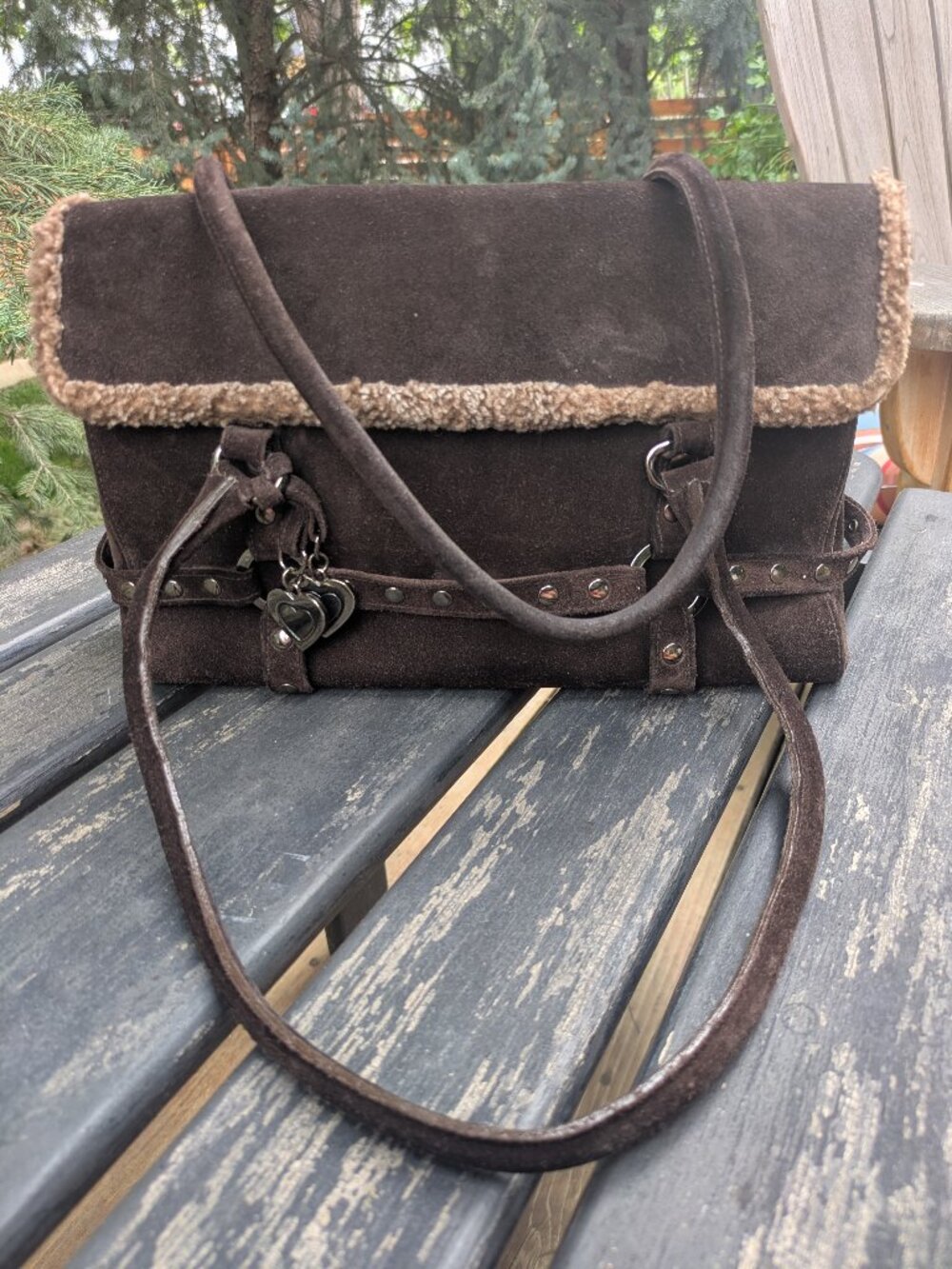 Vintage Stuart Weitzman Y2K Suede Shearling Harness Shoulder Bag Charm Heart